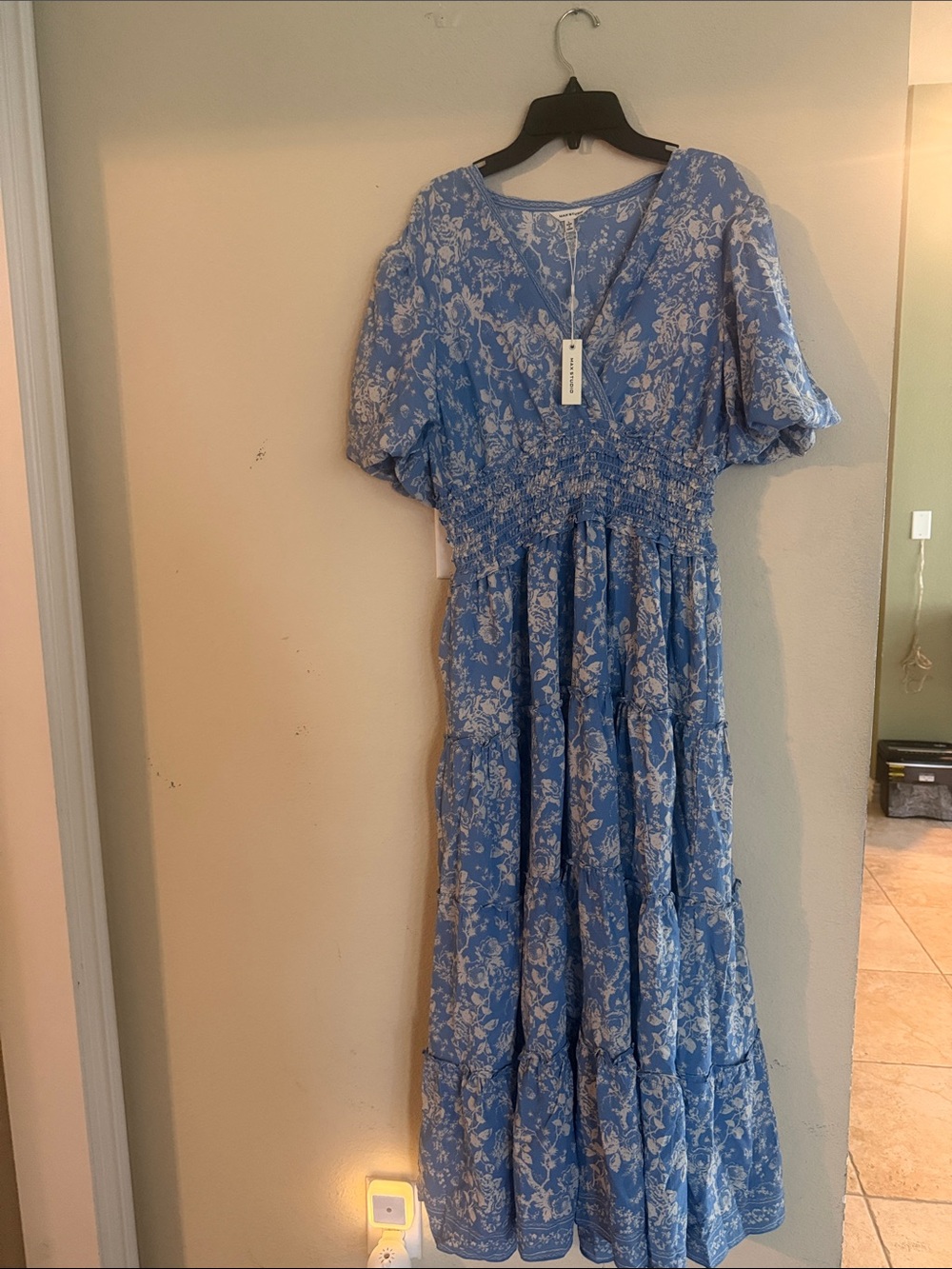 Max Studio Blue Floral V-Neck Smocked Waist Maxi Dress